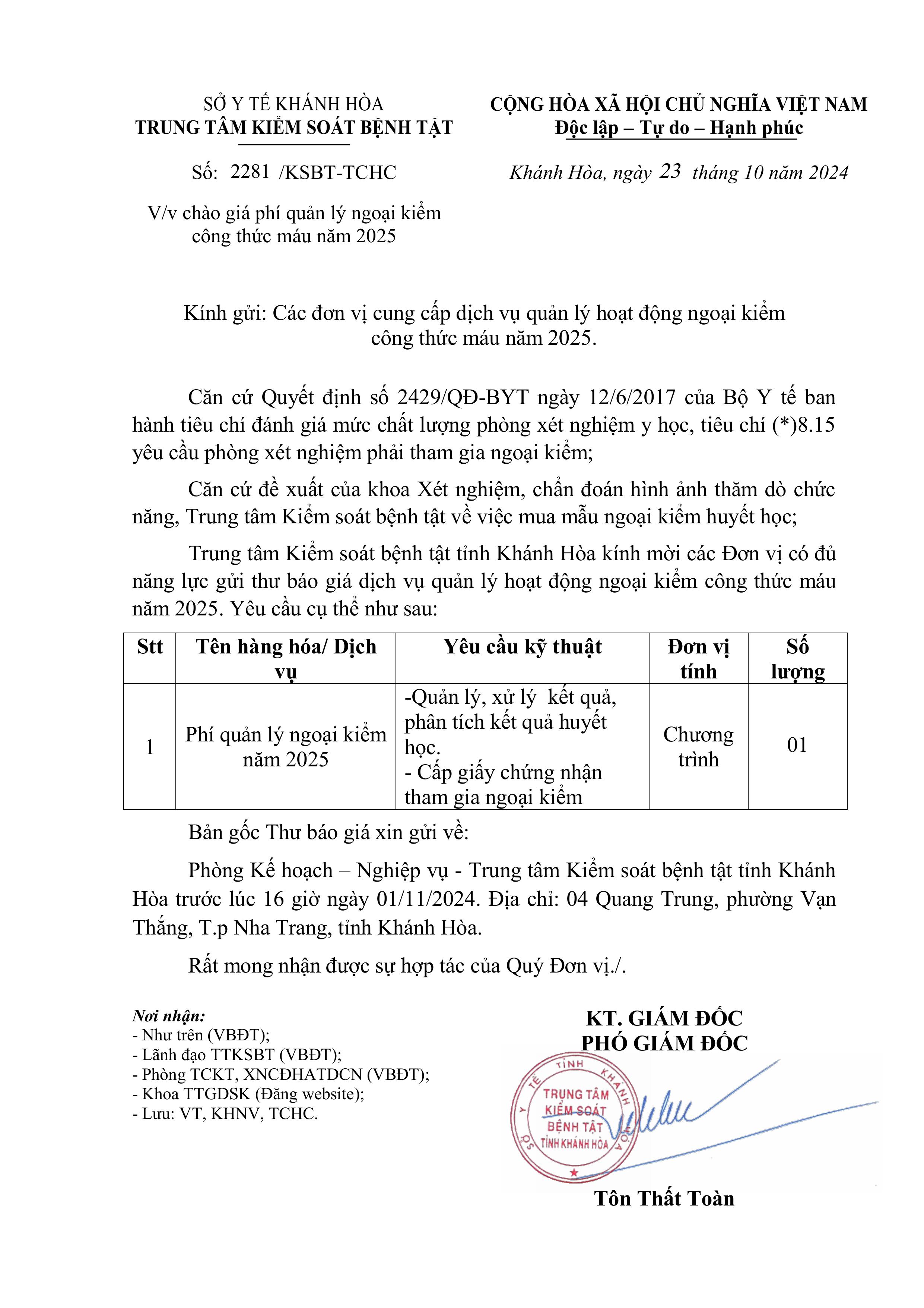 V/v chào giá phí quản lý ngoại kiểm công thức máu năm 2025